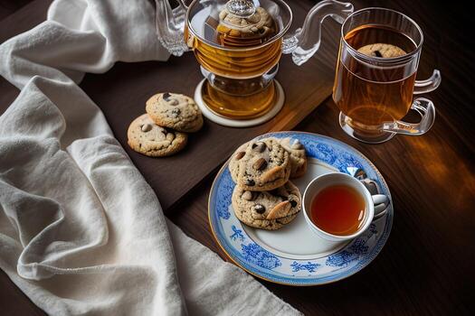photography of a plate of cookies and a glass of tea on a table with a cloth and a napkin on it photo