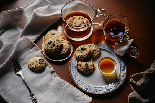 photography of a plate of cookies and a glass of tea on a table with a cloth and a napkin on it photo
