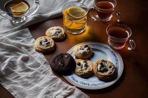 photography of a plate of cookies and a glass of tea on a table with a cloth and a napkin on it photo