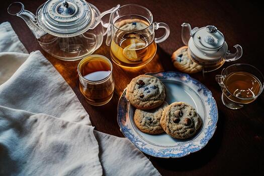photography of a plate of cookies and a glass of tea on a table with a cloth and a napkin on it photo