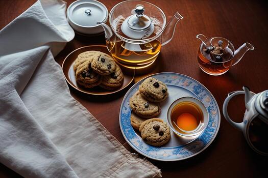 photography of a plate of cookies and a glass of tea on a table with a cloth and a napkin on it photo