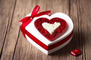 fotografía de una elegante caja de regalo artesanal con cinta roja, amor, corazón, san valentín foto