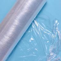 Crumpled transparent polyethylene on a blue background, top view photo