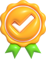 Symbole de garantie de haute qualité 3d, bouton de médaille avec coche, icône de la meilleure qualité de produit et de service, certification de contrôle de qualité standard illustration de rendu 3d png