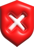 símbolo de escudo de guarda, escudo de segurança com ícone de marca cruzada, falhou no conceito de proteção 3d render ilustração png