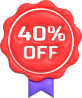 vente hors icône 3d, offre spéciale remise avec le prix 40 % de réduction. étiquette rouge pour le rendu 3d de la campagne publicitaire png