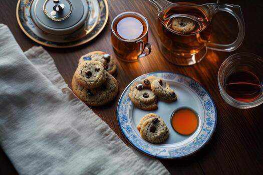 photography of a plate of cookies and a glass of tea on a table with a cloth and a napkin on it photo