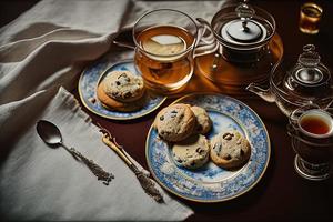 fotografía de un plato de galletas y un vaso de té sobre una mesa con un paño y una servilleta encima foto