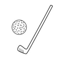 Golf club and ball doodle icon. Outline vector illustration isolated on white background. Golf stick clipart. Sport equipment.