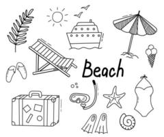 Vector set with palm tree branch, chair, ship and suitcase. Vacation on ocean, summer seaside resort. Doodle hand drawn illustrations isolated on white background