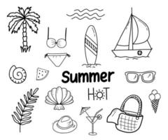 Vector set with palm tree branch, sailboat, sunglasses and surfboard. Vacation on ocean, summer seaside resort. Doodle hand drawn illustrations isolated on white background