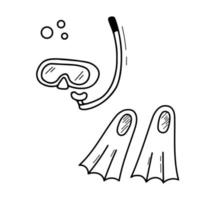 Doodle underwater swimming mask and fins. Vector outline illustrations isolated