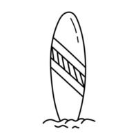 tabla de surf en la arena. ilustración de vector de garabato de línea aislado en blanco