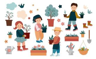 dia del arbol. niños parados debajo de un árbol floreciente preparándose para plantar retoños. ilustración de dibujos animados de garabatos vectoriales. vector