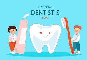 niño y niña limpiando un diente grande. banner horizontal del día nacional del dentista. ilustración de dibujos animados de garabatos vectoriales. vector