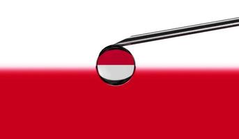 Vaccine syringe with drop on needle against national flag of Indonesia background. Medical concept vaccination. Coronavirus Sars-Cov-2 pandemic protection. National safety idea. photo