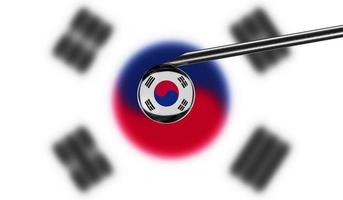 Vaccine syringe with drop on needle against national flag of Korea South background. Medical concept vaccination. Coronavirus Sars-Cov-2 pandemic protection. National safety idea. photo