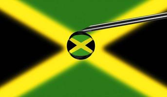Vaccine syringe with drop on needle against national flag of Jamaica background. Medical concept vaccination. Coronavirus Sars-Cov-2 pandemic protection. National safety idea. photo