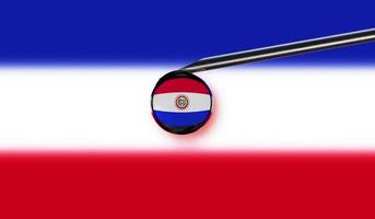 Vaccine syringe with drop on needle against national flag of Paraguay background. Medical concept vaccination. Coronavirus Sars-Cov-2 pandemic protection. National safety idea. photo