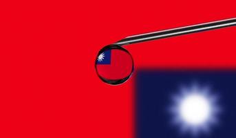 Vaccine syringe with drop on needle against national flag of Taiwan background. Medical concept vaccination. Coronavirus Sars-Cov-2 pandemic protection. National safety idea. photo