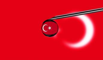 Vaccine syringe with drop on needle against national flag of Turkey background. Medical concept vaccination. Coronavirus Sars-Cov-2 pandemic protection. National safety idea. photo