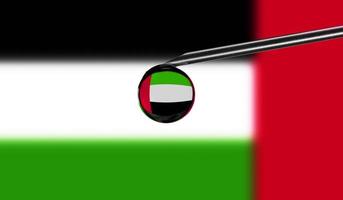 Vaccine syringe with drop on needle against national flag of United Arab Emirates background. Medical concept vaccination. Coronavirus Sars-Cov-2 pandemic protection. National safety idea. photo