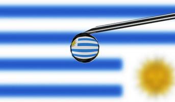 Vaccine syringe with drop on needle against national flag of Uruguay background. Medical concept vaccination. Coronavirus Sars-Cov-2 pandemic protection. National safety idea. photo