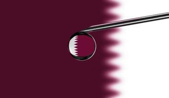 Vaccine syringe with drop on needle against national flag of Qatar background. Medical concept vaccination. Coronavirus Sars-Cov-2 pandemic protection. National safety idea. photo