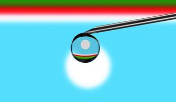 Vaccine syringe with drop on needle against national flag of Sakha Republic background. Medical concept vaccination. Coronavirus Sars-Cov-2 pandemic protection. National safety idea. photo