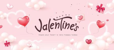 tarjeta del día de san valentín o fondo de pancarta con globos en forma de corazón y diseño de texto en el cielo rosa vector