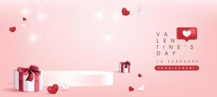 Valentine's day sale banner backgroud with product display cylindrical shape and gift box red bow vector