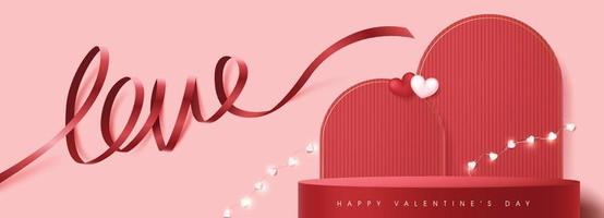 Valentine's day sale banner background with product table display and festive decoration for Valentine's day and Love word ribbon lettering vector
