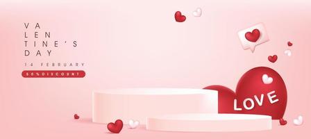 Valentine's day sale banner background with product display cylindrical shape and heart shape balloon vector