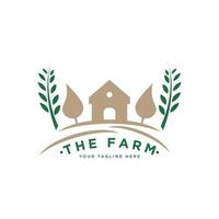 Farm House concept logo. Template with rural landscape. Labels for natural agricultural products. Vector illustration.