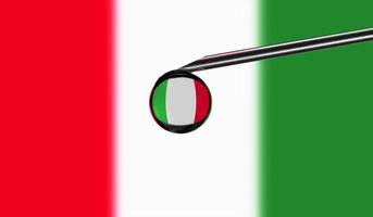 Vaccine syringe with drop on needle against national flag of Italy background. Medical concept vaccination. Coronavirus Sars-Cov-2 pandemic protection. National safety idea. photo