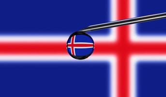 Vaccine syringe with drop on needle against national flag of Iceland background. Medical concept vaccination. Coronavirus Sars-Cov-2 pandemic protection. National safety idea. photo