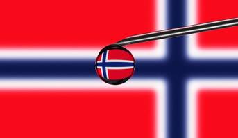 Vaccine syringe with drop on needle against national flag of Norway background. Medical concept vaccination. Coronavirus Sars-Cov-2 pandemic protection. National safety idea. photo