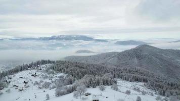 Aerial drone view of beautiful winter scenery in the mountains with pine trees covered with snow. Small village below the mountain. Cinematic shot. Winter traveling. video