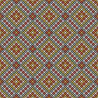 BLACK SEAMLESS VECTOR BACKGROUND WITH GEOMETRIC CROSS STITCH PATTERN IN YELLOW AND RED SHADES