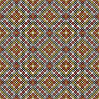 BLACK SEAMLESS VECTOR BACKGROUND WITH GEOMETRIC CROSS STITCH PATTERN IN YELLOW AND RED SHADES