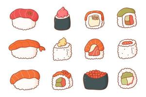 juego de garabatos de sushi y rollos. ilustración vectorial comida asiática en estilo de dibujos animados sobre fondo blanco vector