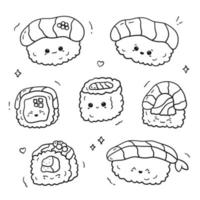 Set of linear kawaii sushi and rolls. Coloring book of cute asian food with funny and happy face in doodle style. Vector illustration