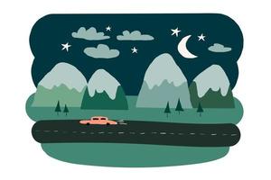 Color flat of nature with mountains in Scandinavian style. Landscape with a cute car on the road. Vector illustration hand drawn