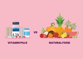píldoras de vitaminas vs concepto de alimentación saludable de alimentos naturales vector