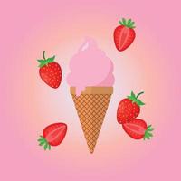 Strawberry ice cream in the cone with fresh strawberry vector