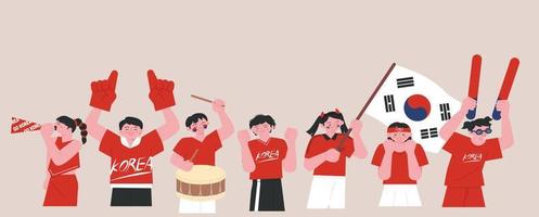 equipo de animadores de fútbol coreano diablos rojos. gente animando con varias herramientas de animación. vector