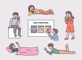 People who read webtoons on mobile. People standing, walking, lying down, lying down, sitting and looking at their phones. vector