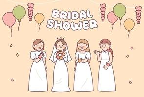 The bride and bridesmaids in white wedding dresses are celebrating. bridal shower party. vector