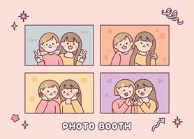 Two girls are taking pictures in various poses. Photo booth. vector