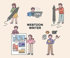 Webtoon cartoonists. People holding big digital pens. Comic book page and author explaining. A tool for drawing cartoons.